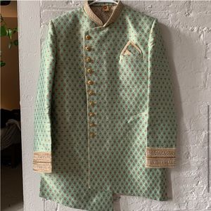Men's Teal and Gold Jacquard Sherwani Wedding Jacket and Pants Set